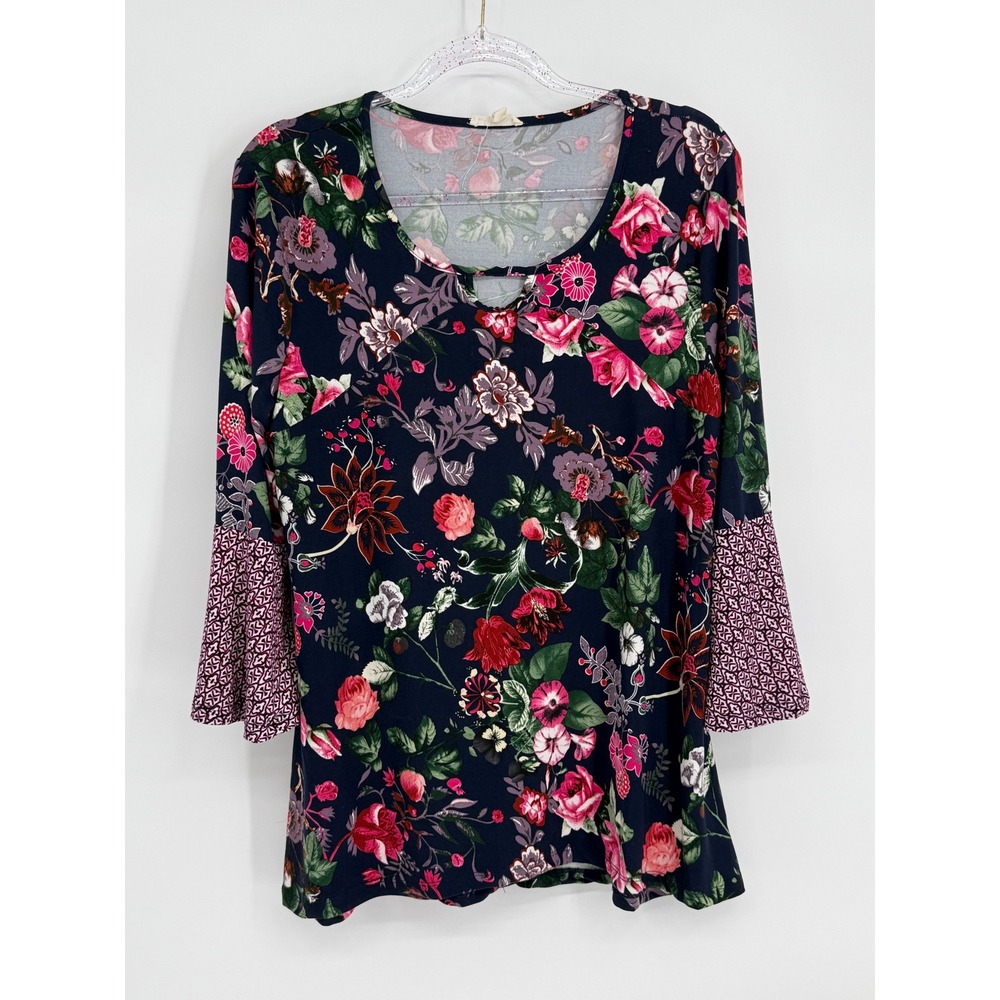 Como‎ Blu Womens Floral Bell Sleeve Top Navy Blue Pink Sz L